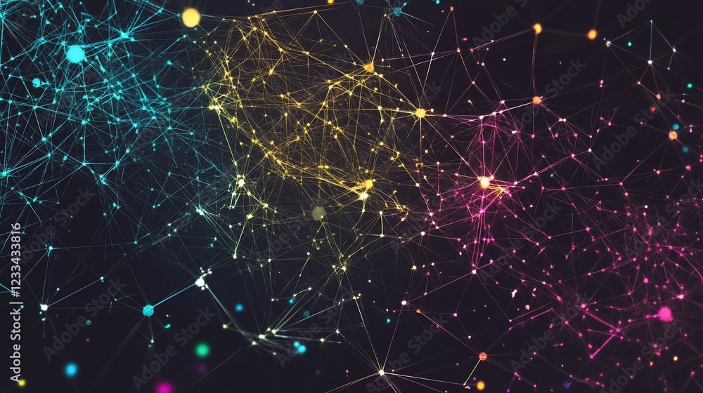 Poster abstract network connections with glowing nodes and interlinked lines across dark background