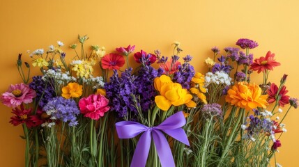 Obraz premium Colorful Wildflower Bouquet With Purple Bow