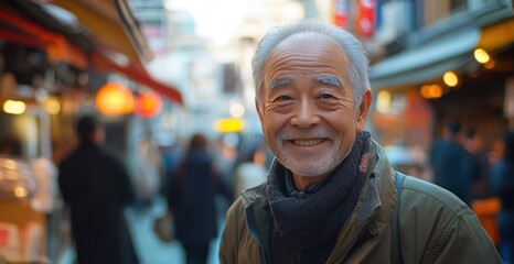 Smiling Elderly Japanese Man in a Bustling Street Market