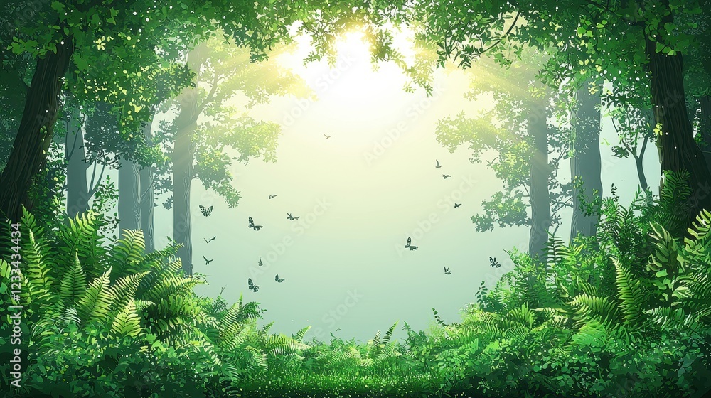 Poster lush forest scene with sunlight filtering through trees and butterflies fluttering.