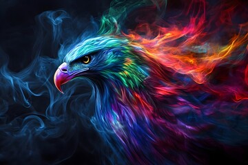 Abstract eagle face formed entirely from swirling smoke and flickering fire