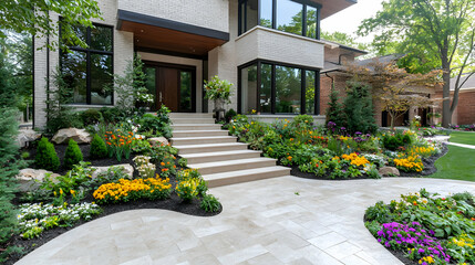Obraz premium Modern home's landscaped entryway, flowers, walkway