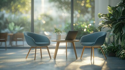 Modern office lobby with chairs, table, laptop, plants, and sunny garden view