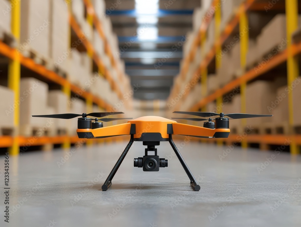 Poster food safety storage prevention. drones scanning storage racks to detect contamination risks and trig