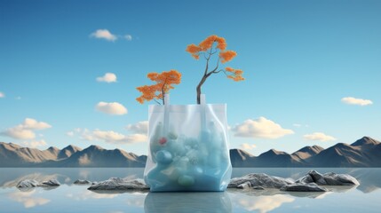 3D Cartoon Style Plastic Bag with Trees and Nature Background