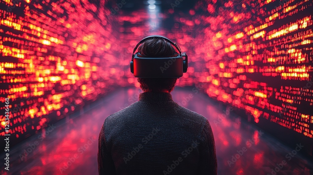 Poster a person wearing a vr headset in a digital environment with red patterns.