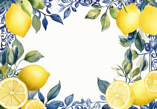 Fresh lemons and green leaves create vibrant border in this watercolor design, perfect for invitations or decor. bright yellow and blue tones evoke cheerful atmosphere