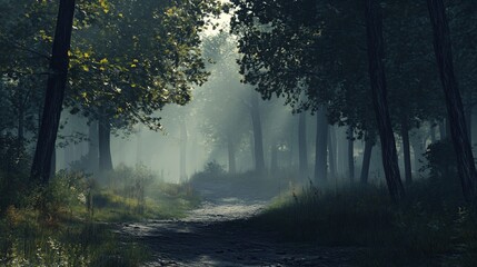 Obraz premium Misty Path through a Forest at Dusk with Sunlight Filtering through the Trees