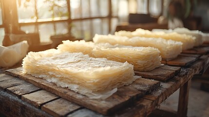Handmade paper sheets drying, workshop, sunlit background, craft production