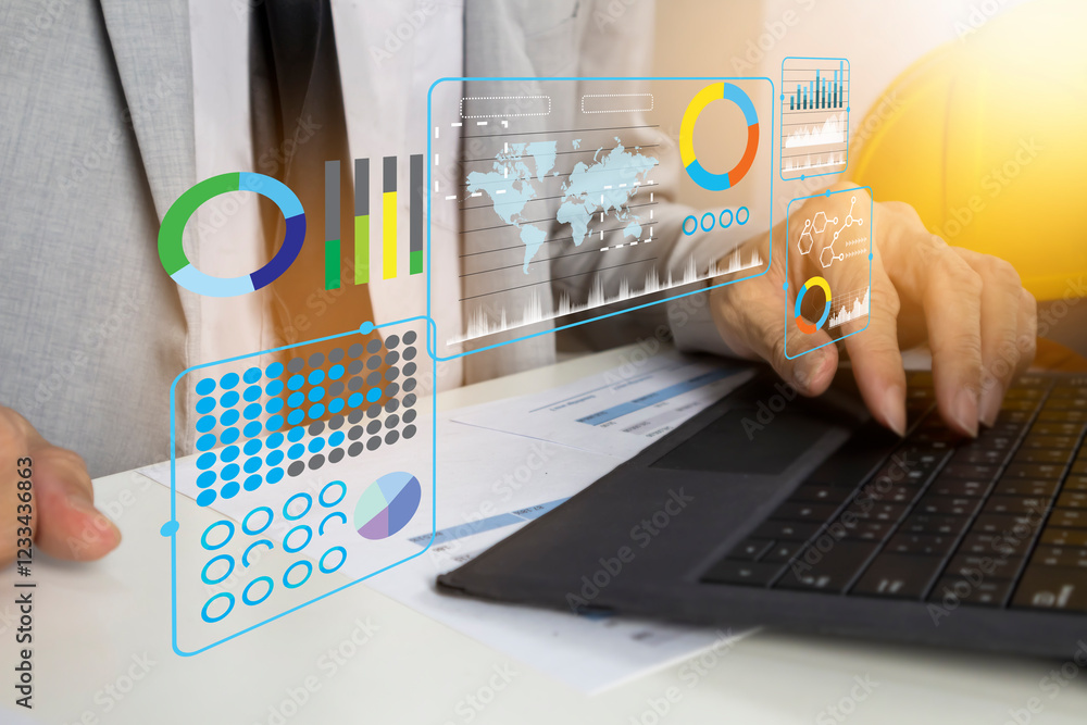 Poster analytical data business concept,businessman opens work data and business figures to analyze and fin