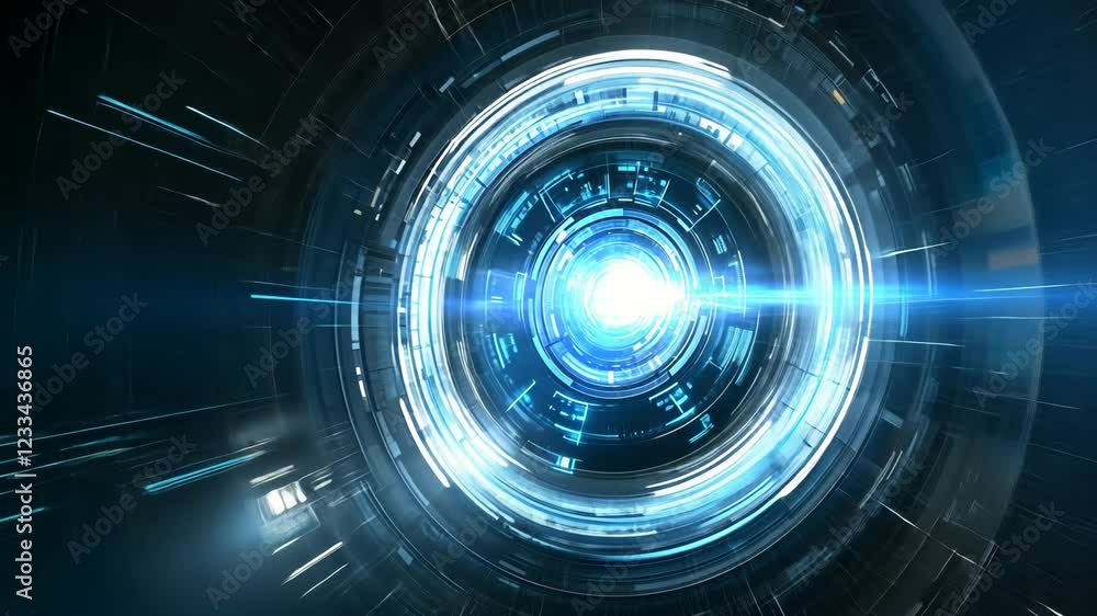 Aufkleber futuristic design with glowing blue elements and circular patterns in a digital space environment