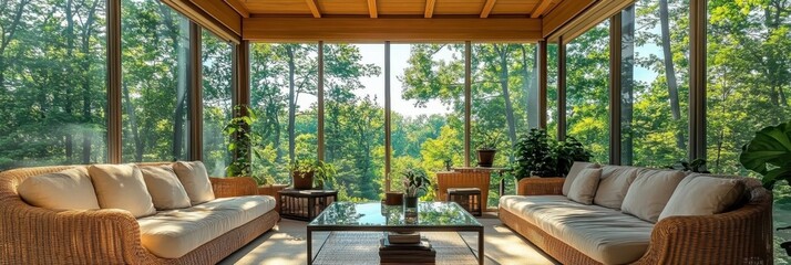 Luxurious sunroom, floor-to-ceiling windows, forest view, cozy seating area, warm lighting, wooden beams, indoor plants, glass coffee table, tranquil atmosphere, sunset glow, panoramic nature scene, m