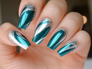 Long teal silver shimmer nails ombre gradient manicure elegant glossy finish beauty art stylish hands close up sparkling metallic trendy polished modern aesthetic salon look fake chic fancy metallic