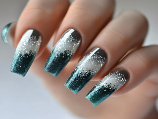 Long teal silver shimmer nails ombre gradient manicure elegant glossy finish beauty art stylish hands close up sparkling metallic trendy polished modern aesthetic salon look fake chic fancy metallic