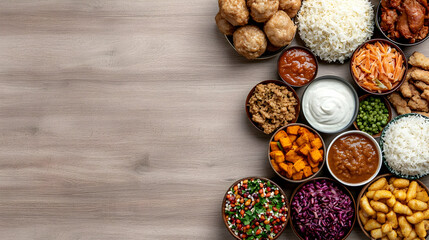 Fototapeta premium Delicious Indian food variety on wood, overhead shot