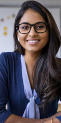 portrait of a beautiful young Indian woman. confident and attractive asian Indian. wearing glasses in a classroom. university student. smiling and sitting 