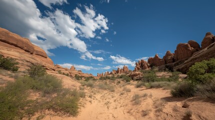 Fototapeta premium Arid Landscape With Red Rock Formations Under Blue Sky