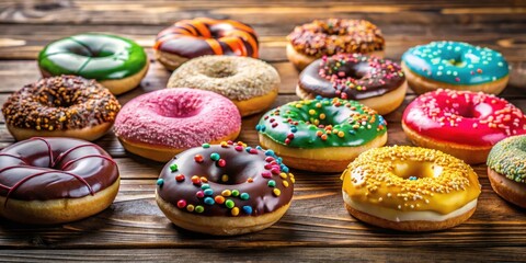 Colorful Assorted Donuts on a Wooden Table , sweet tooth, tasty,  sweet tooth, tasty, morning snack, breakfast food