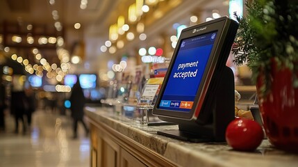 Payment Accepted on Terminal in Busy Hotel Lobby