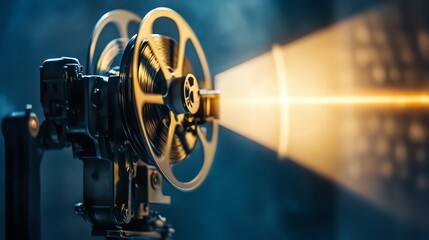 Vintage film projector with light beam effects.