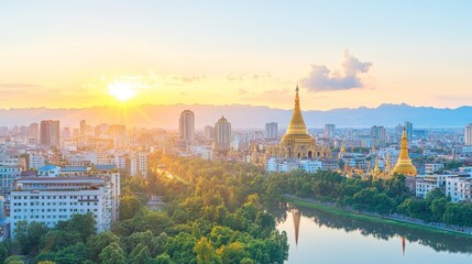 Fototapeta premium Golden Pagoda Sunrise Cityscape Skyline Panorama