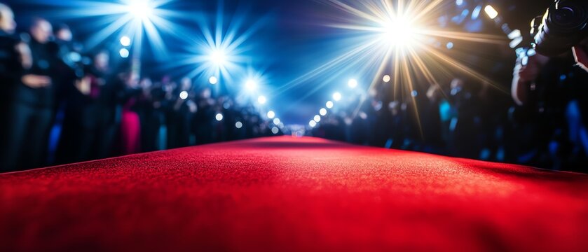 Red carpet event with bright lights and crowds.