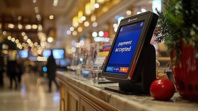 Payment Accepted on Terminal in Busy Hotel Lobby