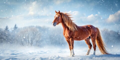A majestic red horse stands alone in a snow-covered field, its fur fluffed up against the cold, with gentle snowflakes falling around it , frozen nature, horses