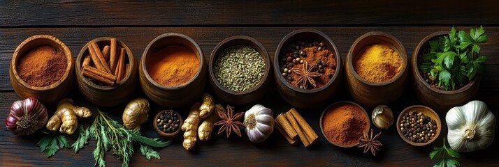 Dark moody food photography, rustic wooden table, spices and herbs, clay bowls, turmeric powder, cinnamon sticks, star anise, peppercorns, bay leaves, dramatic lighting, shadowy background, earthy ton