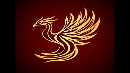 Obraz premium Golden Phoenix Bird, Elegant Stylized Design, Red Background