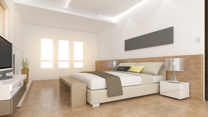 wooden floor and wardrobe in a contemporary bedroom.,3d rendering