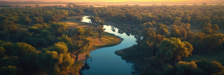Aerial view, winding river, lush green forest, golden sunset, dramatic sky, oxbow lake, reflective water surface, panoramic landscape, vibrant colors, dense vegetation, natural wonder, bird's eye pers