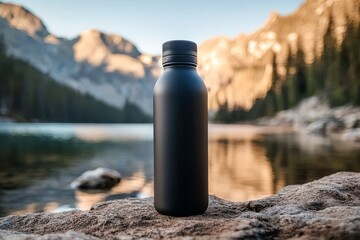 Black reusable thermo water bottle set against a serene lake backdrop
