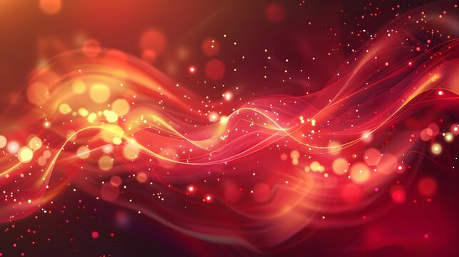 Abstract flowing waves with glowing particles in warm colors.