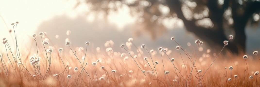 Delicate wildflowers, dreamy bokeh background, soft pastel colors, morning dew drops, ethereal light, macro photography, shallow depth of field, tranquil nature scene, whimsical atmosphere, gentle bre