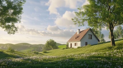 Obraz premium A charming cottage nestled in rolling green hills under a serene sky with fluffy clouds and sunshine