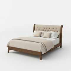Classic double bed with beige upholstered headboard and wooden frame on white background