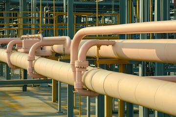 Industrial pipes connect in a complex network, showcasing a combination of structural design and engineering in an industrial facility.