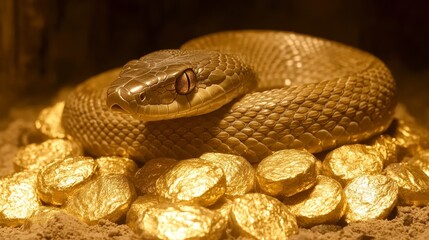 Obraz premium Golden Serpent Coiled on Pile of Gold Nuggets