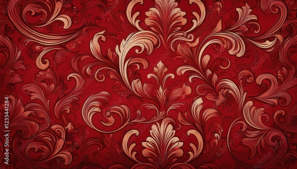 Poster Vibrant Red Damask Pattern Background, Creating an Elegant and Timeless Atmosphere, Featuring Intricate Detailing and Rich Textures.