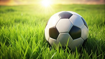 Obraz premium A traditional soccer ball lies on a lush green grass field with a few blades of grass surrounding it, creating a natural and organic composition, sports equipment, natural surroundings
