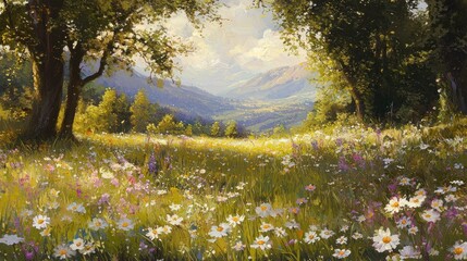 Obraz premium Sunny meadow with wildflowers and mountain view.