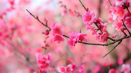 Fototapeta premium A close-up of pink cherry blossoms on branches, creating a serene and vibrant atmosphere.