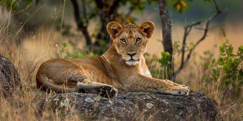 Naklejka premium Lioness Lounging on a Rock in a Grassy Landscape Gazing Intently at the Viewer