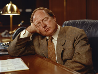 Tired middle aged businessman resting head hand cluttered desk office fatigue stress burnout overworked corporate work stress weary mature thinking serious workplace frustration long hours work job