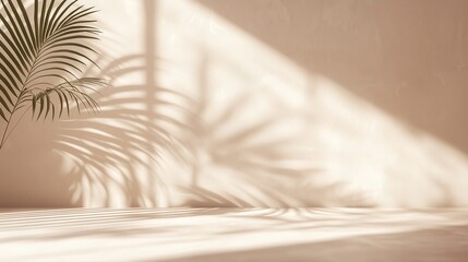 Obraz premium Empty Room with Tropical Palm Leaf Shadows on Wall, Minimalist Interior Background for Product Placement