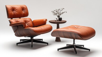 Mid-century modern leather armchair and ottoman with side table and vase.