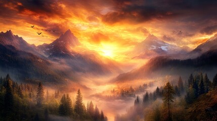 Obraz premium Golden Sunrise Over Misty Mountain Valley