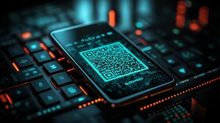 QR code displayed on smartphone screen on keyboard, tech background, online access