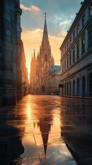 Naklejka premium Sunrise cityscape with cathedral reflection
